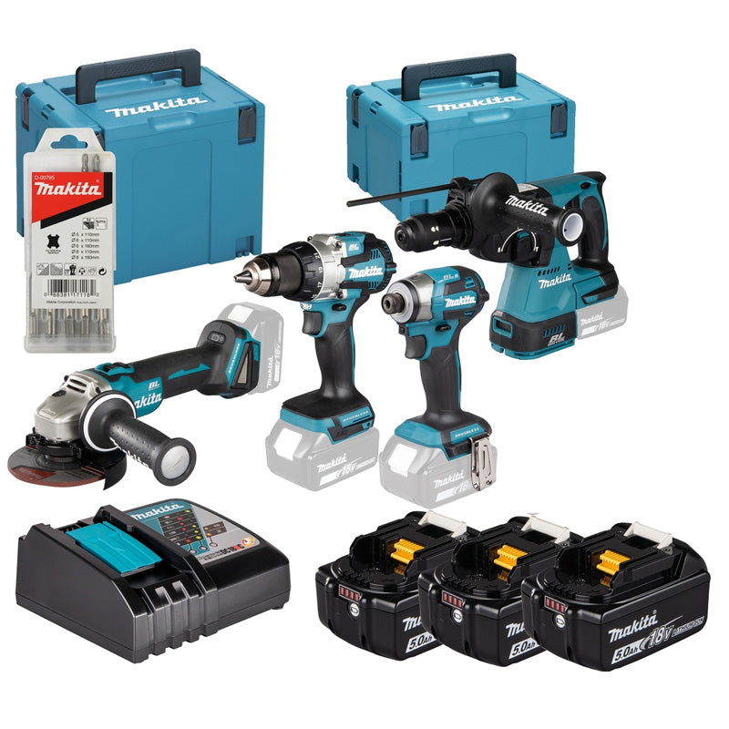Pack 4 outils MAKITA DLX4196JX1 (DGA504Z+DDF489Z+DTD173Z+DHR243Z) 3x BL1850B et DC18RC