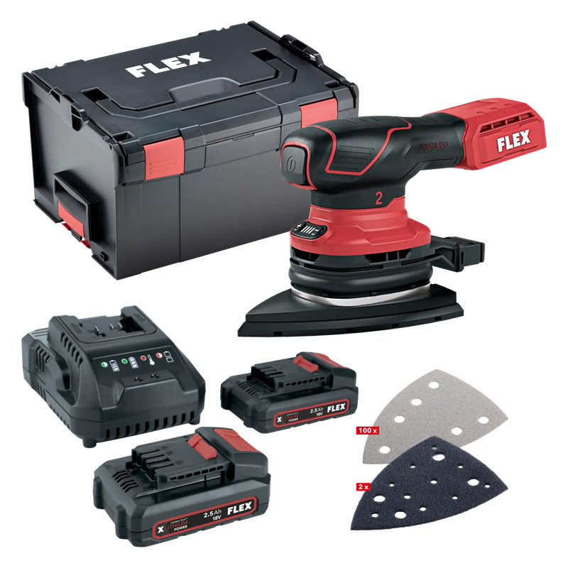 Ponceuse delta FLEX ODE 2-100 18-EC 18V avec 2x2,5Ah + chargeur et 100 abrasifs en L-BOXX