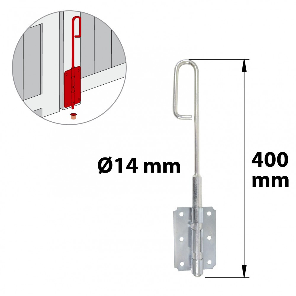 Verrou baïonnette acier zingué, H.400 x L.60 x P.20 mm