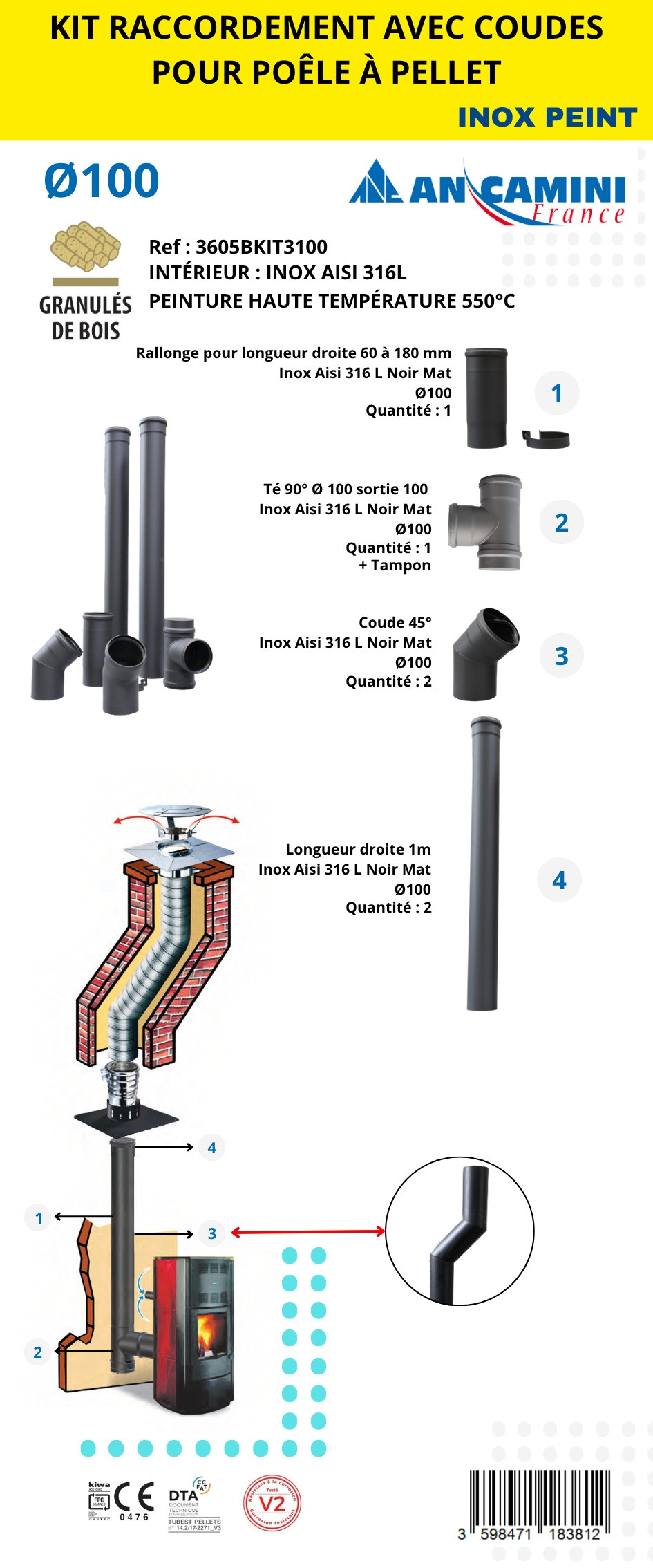 Kit de raccordement avec coudes pour poêle à pellets - inox AISI 316L peint noir - Ø100 - avec rallonge, té 90° et coudes 45°