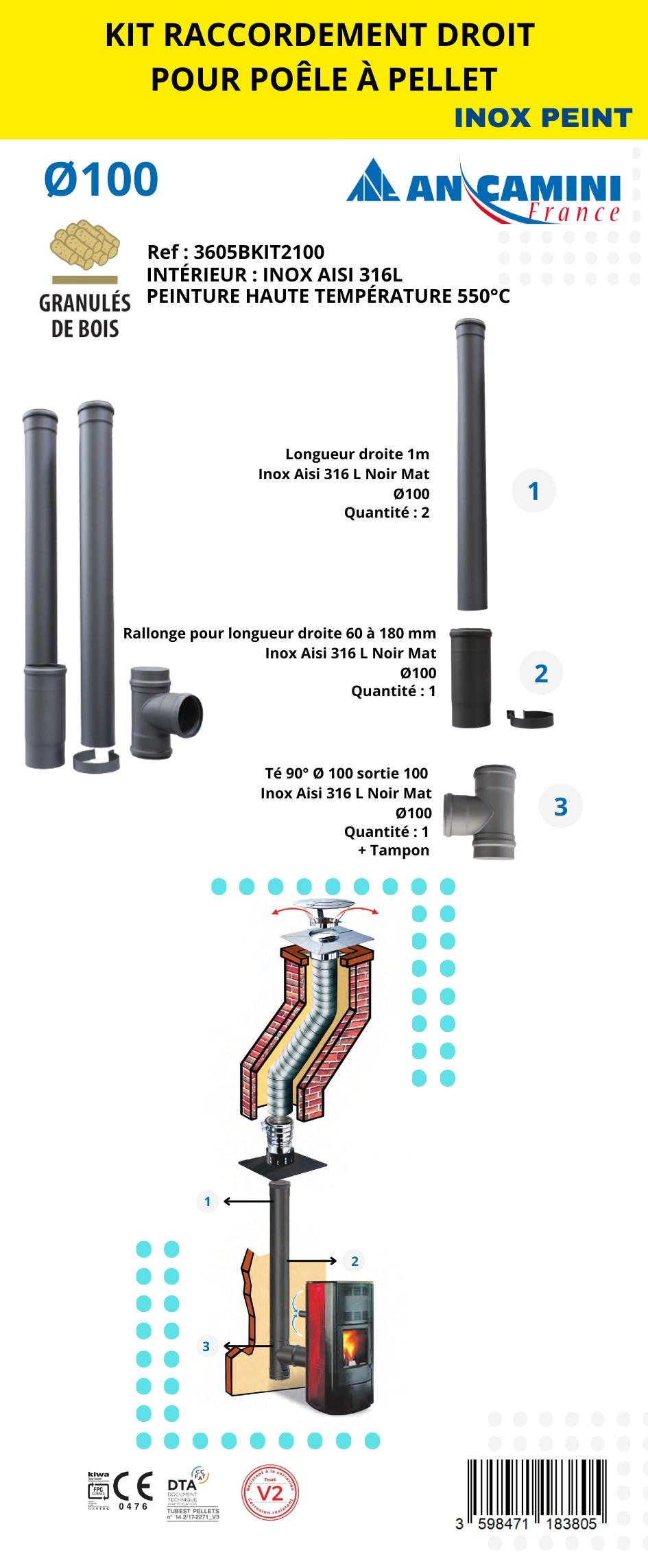 Kit de raccordement droit pour poêle à pellets - inox AISI 316L noir - Ø100 - avec longueurs droites, rallonge ajustable, té 90°