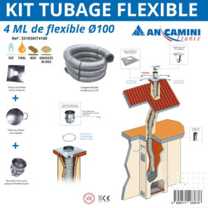 Kit de tubage flexible inox - Ø100 mm - 4 mètres - avec plaque de finition, chapeau chinois et raccord à visser