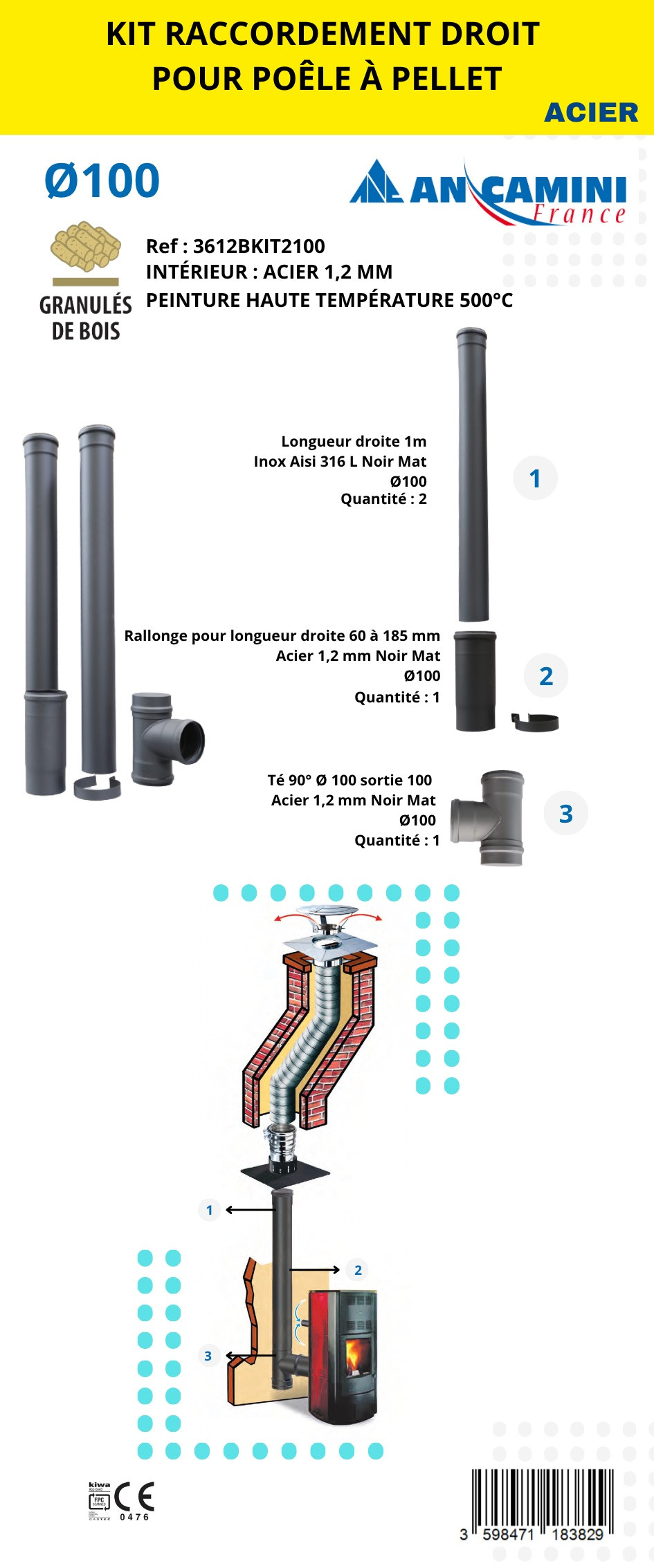 Kit raccordement droit pour poêle à pellets - acier noir 1,2mm Ø100 - avec longueurs droites, rallonge ajustable, té 90°