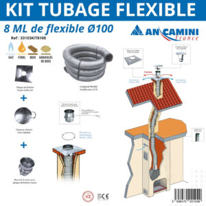 Kit tubage flexible Ø100 - 8 mètres - double peau inox - avec plaque de finition, chapeau chinois et raccord