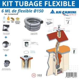 Kit tubage flexible inox Ø150 - 6 mètres - avec plaque de finition, chapeau chinois et raccord
