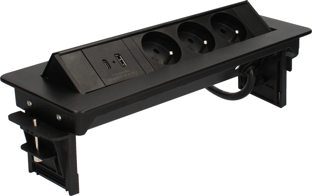 Bloc prises pivotant 3 Prises + ports 1 USB - 1 USB C - Noir