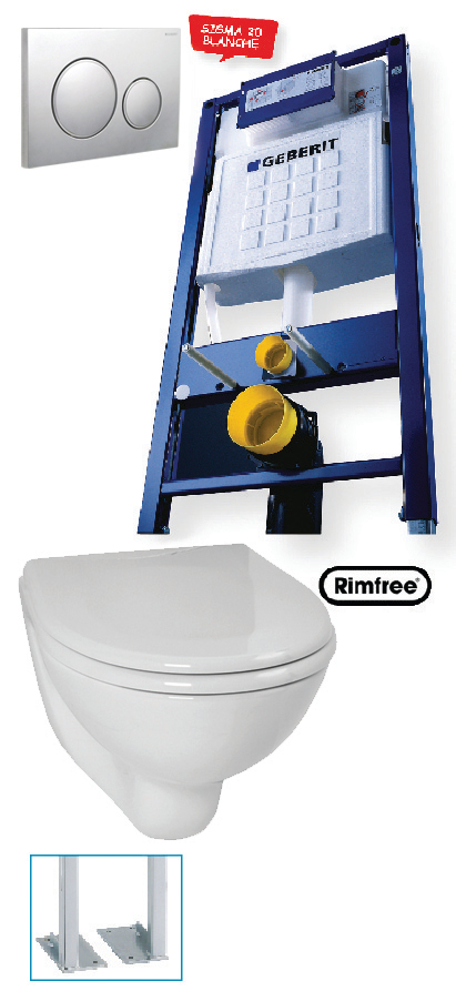 Bâti-support en applique + cuvette WC courte + abattant et plaque de commande sans jeu de pieds autoportant GEBERIT PROMO4