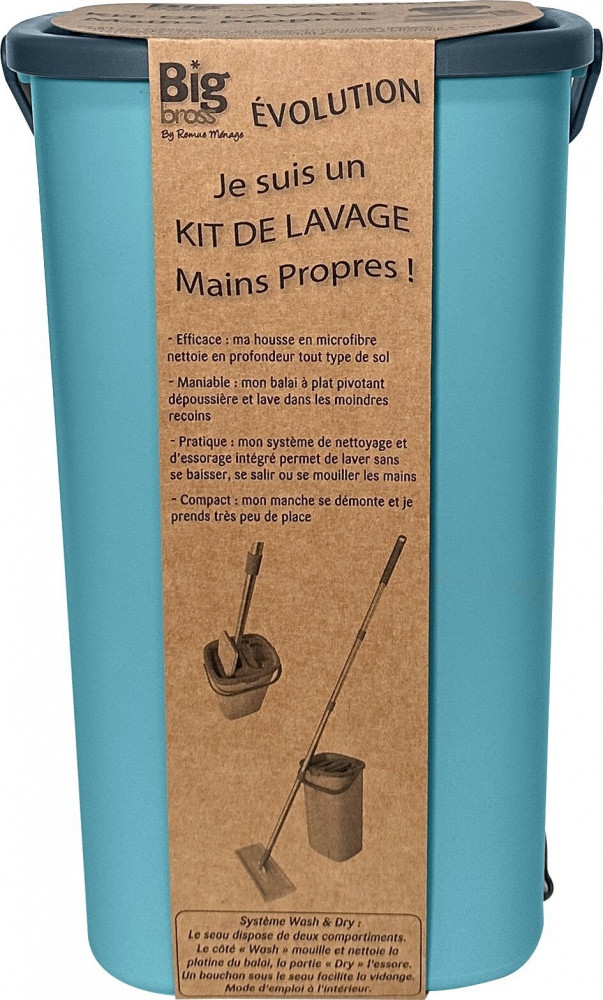 Balai à plat + seau double bac/bouchon vidange, manche inox + 1 recharge microfibre kit Evolution Bigbross
