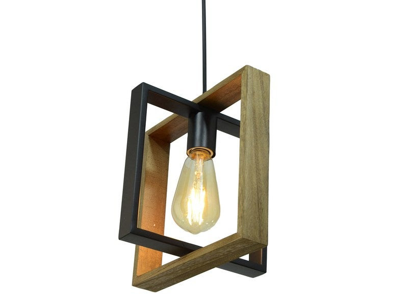 Suspension industrielle Wooli à 1 ampoule e27, C-CREATION, 60W diam. 24 cm, métal noir et bois