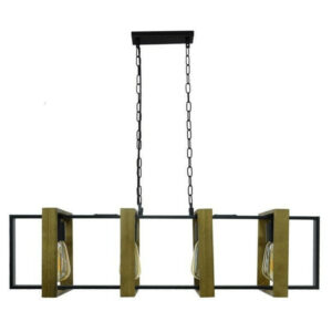 Suspension industrielle Wooli à 4 ampoules e27, C-CREATION, 60W diam. 90cm, métal noir et bois