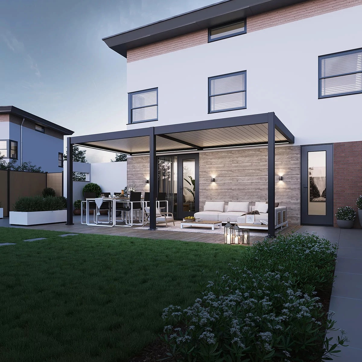 Pergola bioclimatique motorisée - Ombréa ELMO - adossée - 3x6M - Anthracite blanc - 300x600x258 cm