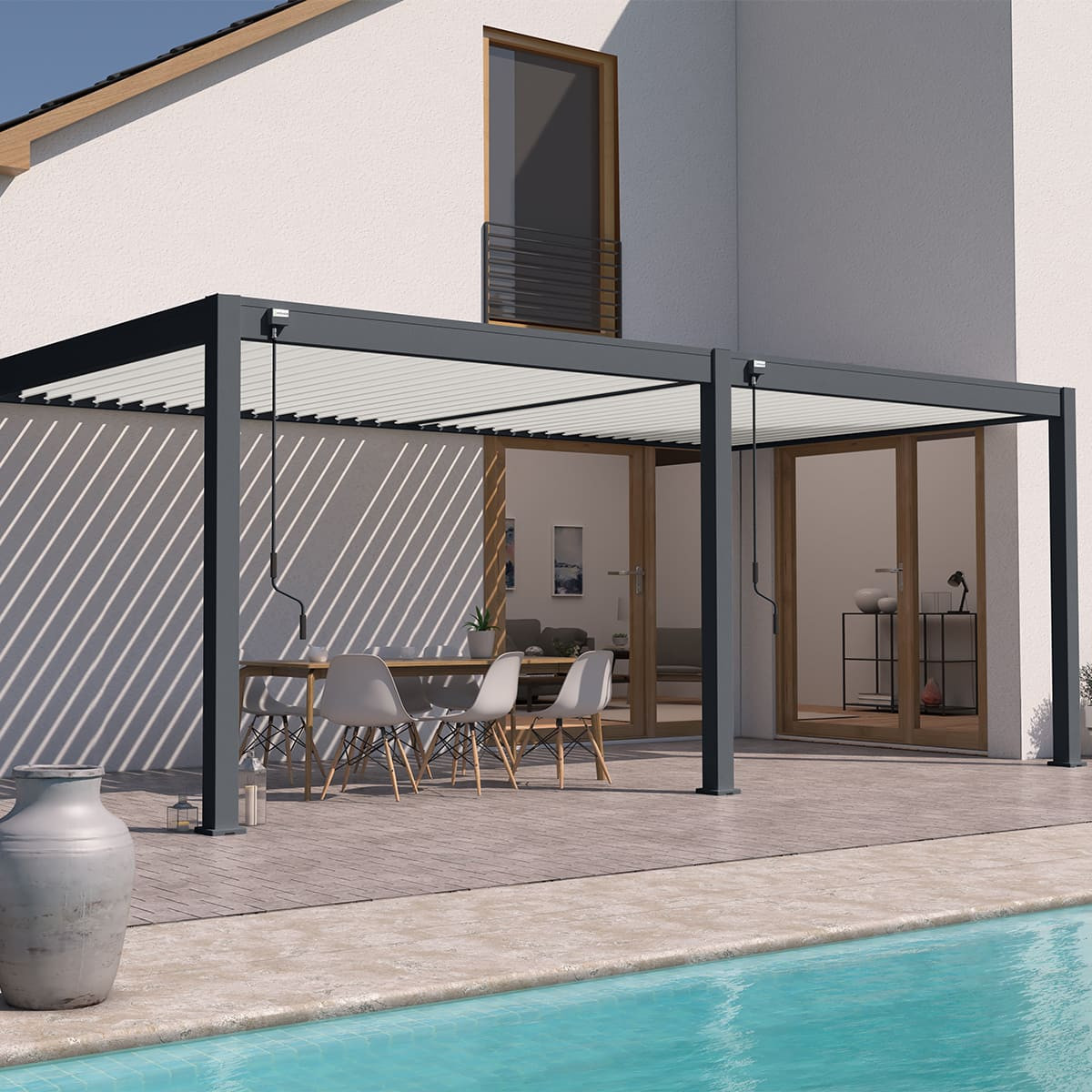 Pergola bioclimatique - Ombréa - adossée - 3x6M - Anthracite blanc - Version 2 - 300x600x258 cm