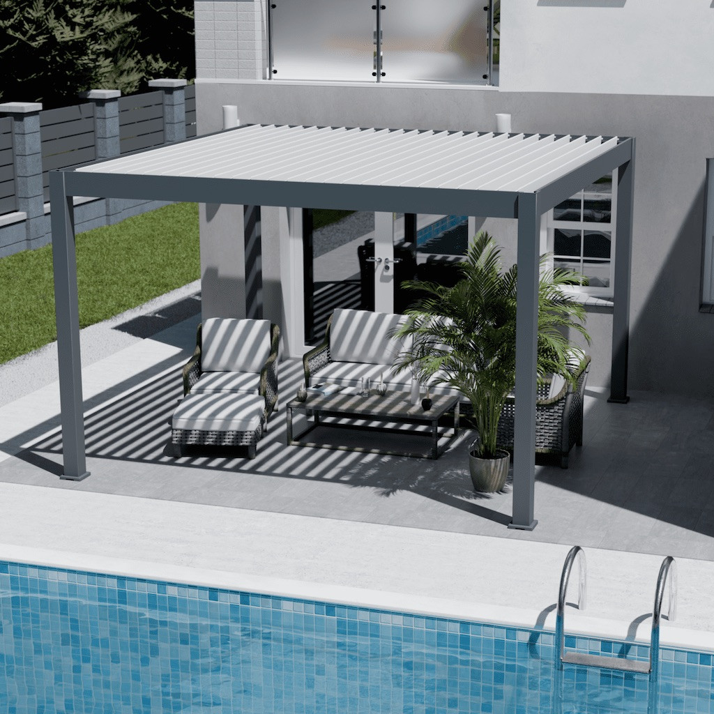 Pergola bioclimatique - Ombréa - autoportante - 4x4M - Anthracite blanc - ELMO - 400x400x258 cm
