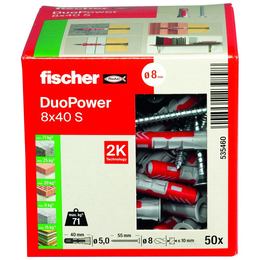 Cheville DUOPOWER 8 x 40 mm S avec vis boîte de 50 FISCHER 535460