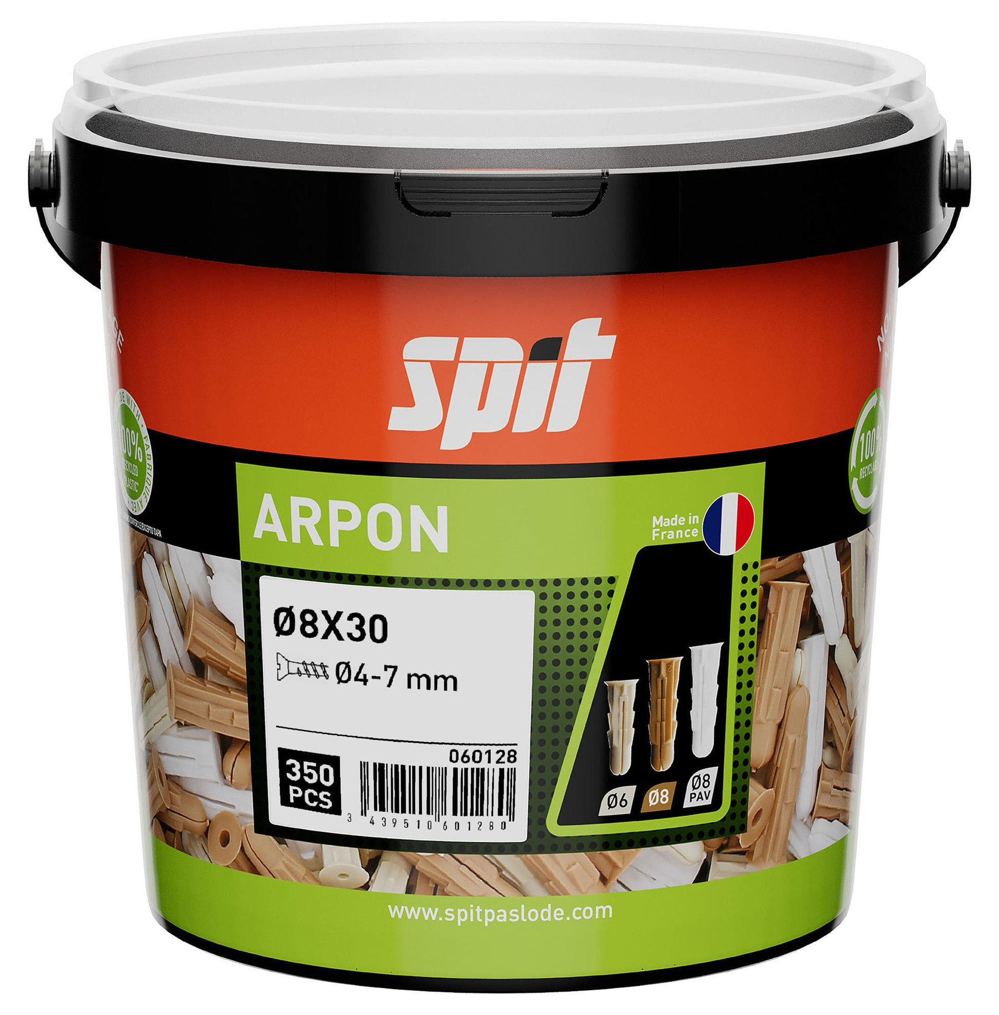 Cheville plastique universelle ARPON 8 x 30 mm seau de 350 SPIT 060128