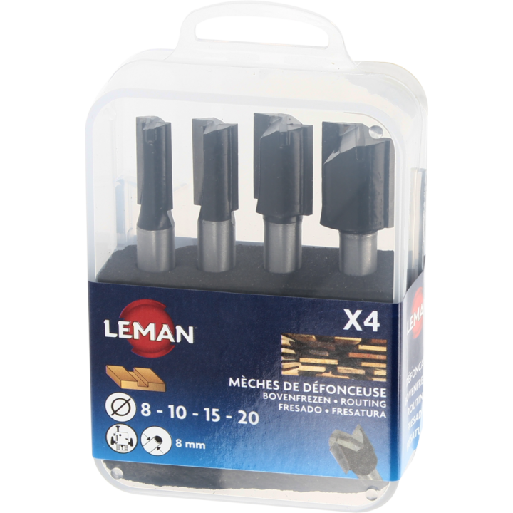 LEMAN lot de 4 mèches bois universelles droites carbure queue 8mm pour défonceuse