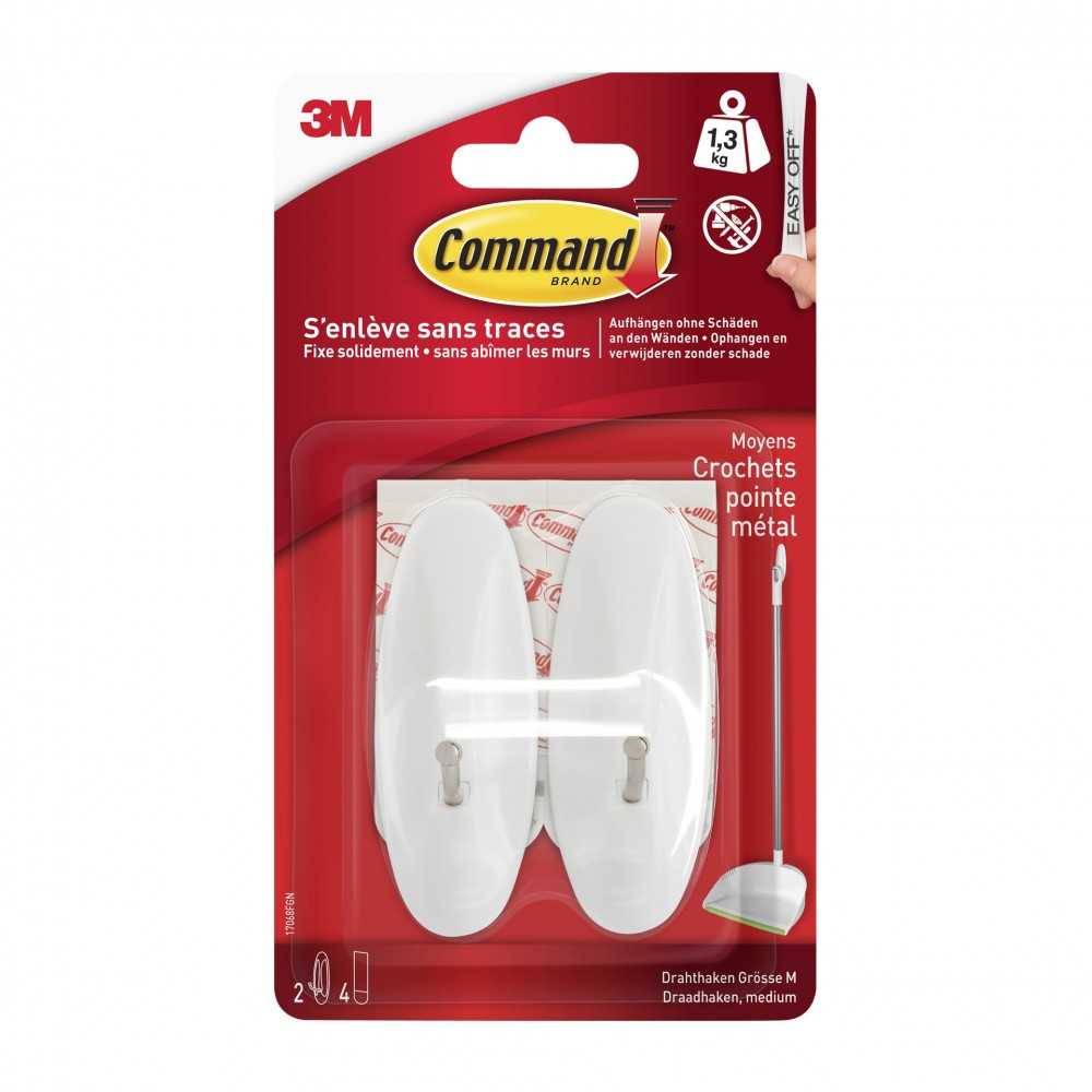 Lot de 2 crochets adhésif Bout métal, COMMAND, blanc 1.3 kg