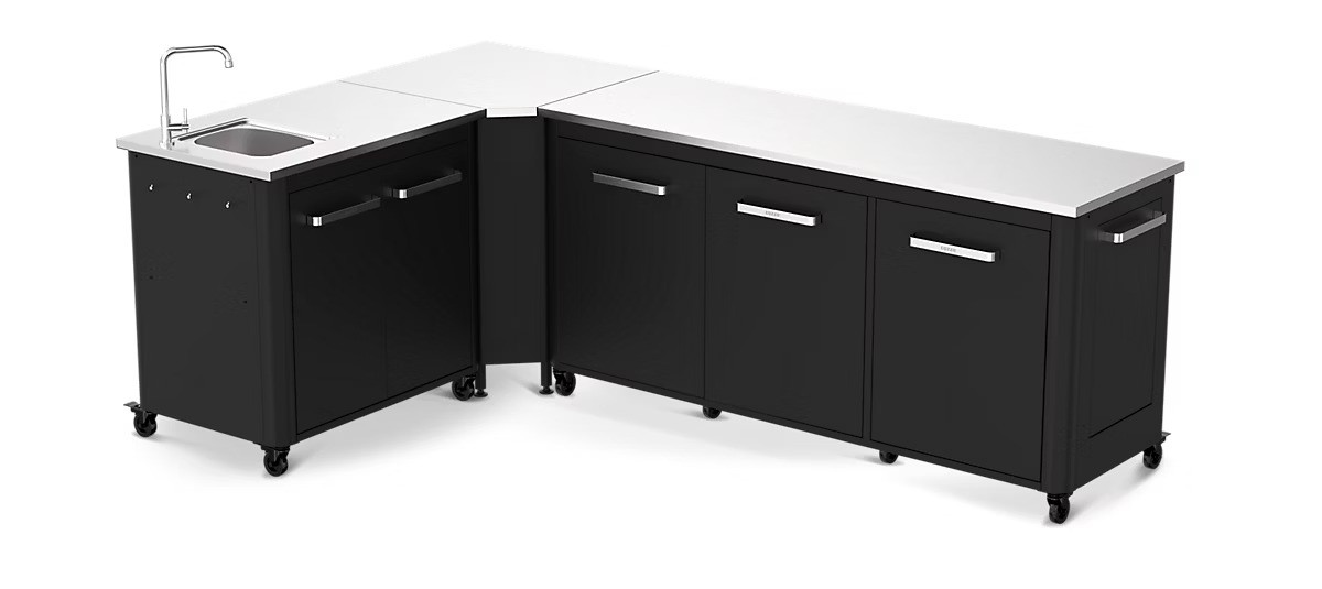 Cuisine extérieure modulable avec module 180 cm, évier 90 cm et angle - plan inox