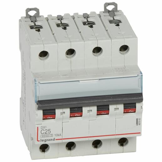 Disjoncteur DX³ 6000 10 kA bornes à vis 4P 400 V courbe C pour peigne HX³ traditionnel 25 A LEGRAND 407900