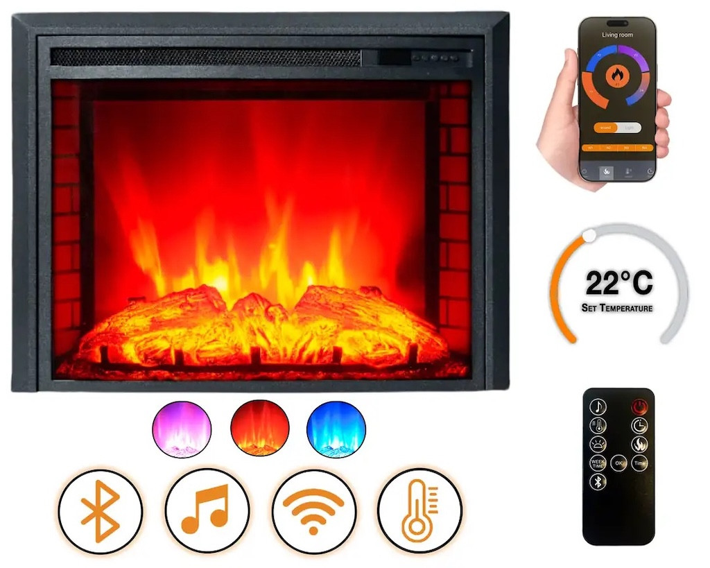 Cheminée électrique - EF3 - 1800 W avec effet flamme réaliste, chauffage 17 à 27 °C - Bluetooth Wi-Fi