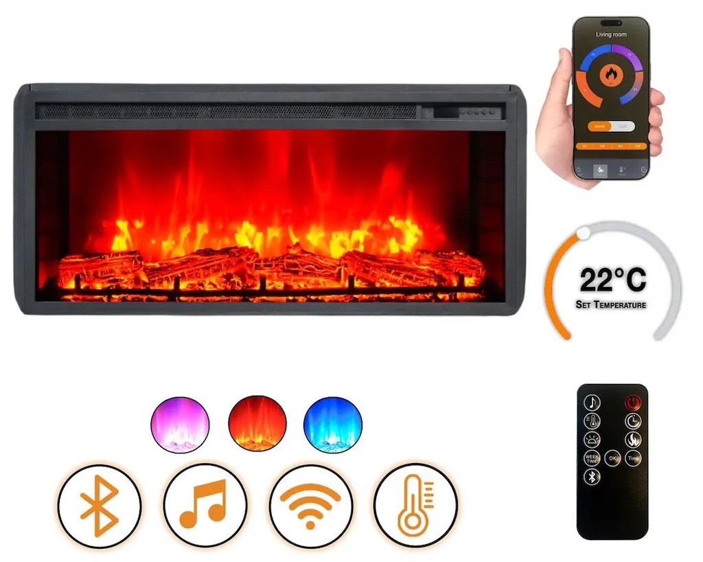 Cheminée électrique encastrable - ElectricFlame 2 - 34" - 900 et 1800W - LED multicolore - Wi-Fi Bluetooth