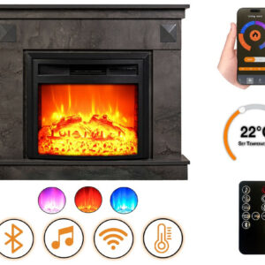 Cheminée électrique - Irony Gray - 1800 W avec effet flamme réaliste, chauffage 17 à 27 °C - Bluetooth Wi-Fi