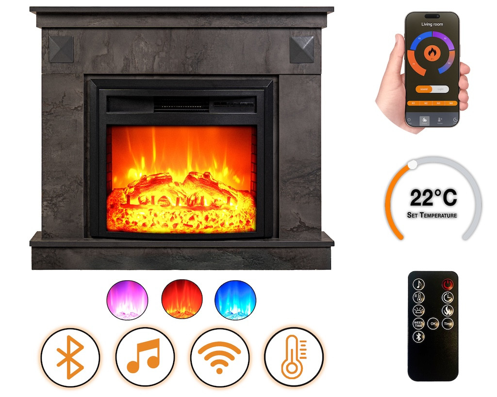 Cheminée électrique - Irony Gray - 1800 W avec effet flamme réaliste, chauffage 17 à 27 °C - Bluetooth Wi-Fi