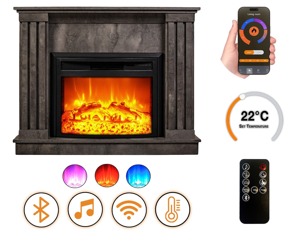 Cheminée électrique - Irony - Urban 1800 W avec effet flamme réaliste, chauffage 17 à 27 °C - Bluetooth Wi-Fi
