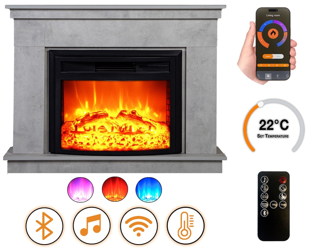 Cheminée électrique - Lembongan - 1800 W avec effet flamme réaliste, chauffage 17 à 27 °C - Bluetooth Wi-Fi