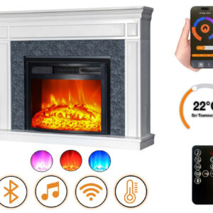 Cheminée électrique - Morella - 1800 W avec effet flamme réaliste, chauffage 17 à 27 °C - Bluetooth Wi-Fi