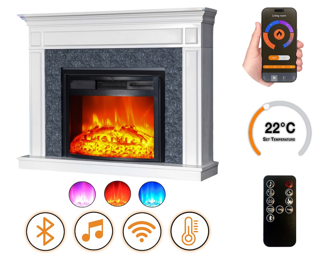 Cheminée électrique - Morella - 1800 W avec effet flamme réaliste, chauffage 17 à 27 °C - Bluetooth Wi-Fi