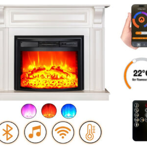 Cheminée électrique - Mykonos - 1800 W avec effet flamme réaliste, chauffage 17 à 27 °C Bluetooth Wi-Fi