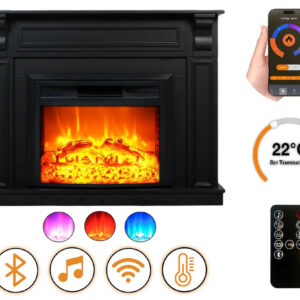 Cheminée électrique - Mykonos - 1800 W avec effet flamme réaliste, chauffage 17 à 27 °C - Bluetooth Wi-Fi - noire