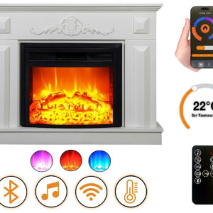 Cheminée électrique - Puglia - 1800 W avec effet flamme réaliste, chauffage 17 à 27 °C - Bluetooth Wi-Fi