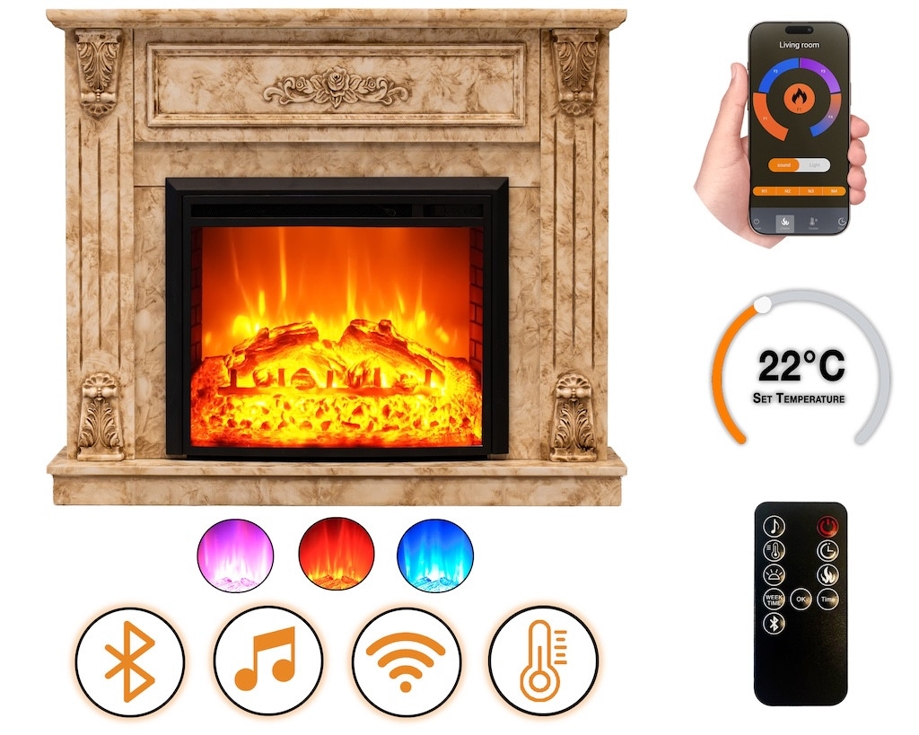 Cheminée électrique - Rosmarin - 1800 W avec effet flamme réaliste, chauffage 17 à 27 °C - Bluetooth Wi-Fi