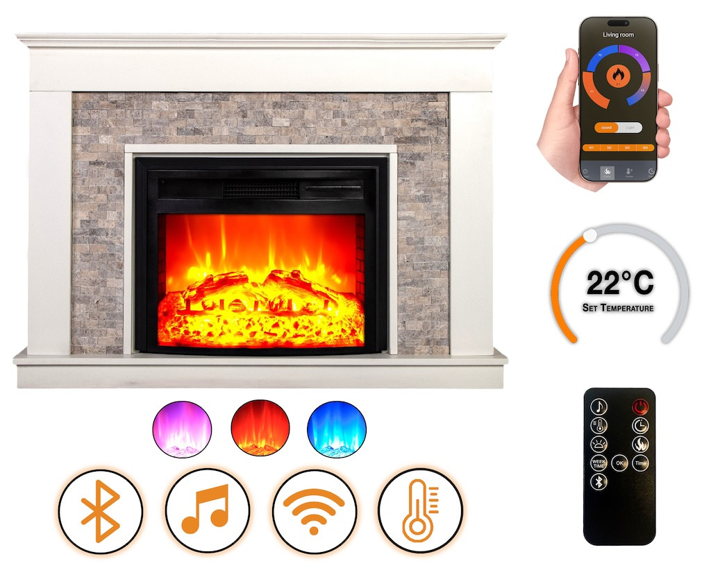 Cheminée électrique – Seraton – 1800 W – Effet flamme réaliste – Chauffage 17 à 27 °C – Bluetooth & Wi-Fi