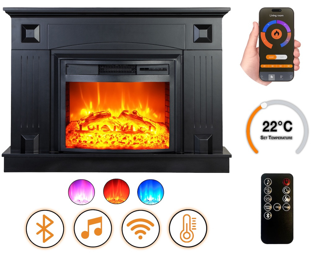 Cheminée électrique - Vernazza - 1800 W avec effet flamme réaliste, chauffage 17 à 27 °C - Bluetooth Wi-Fi
