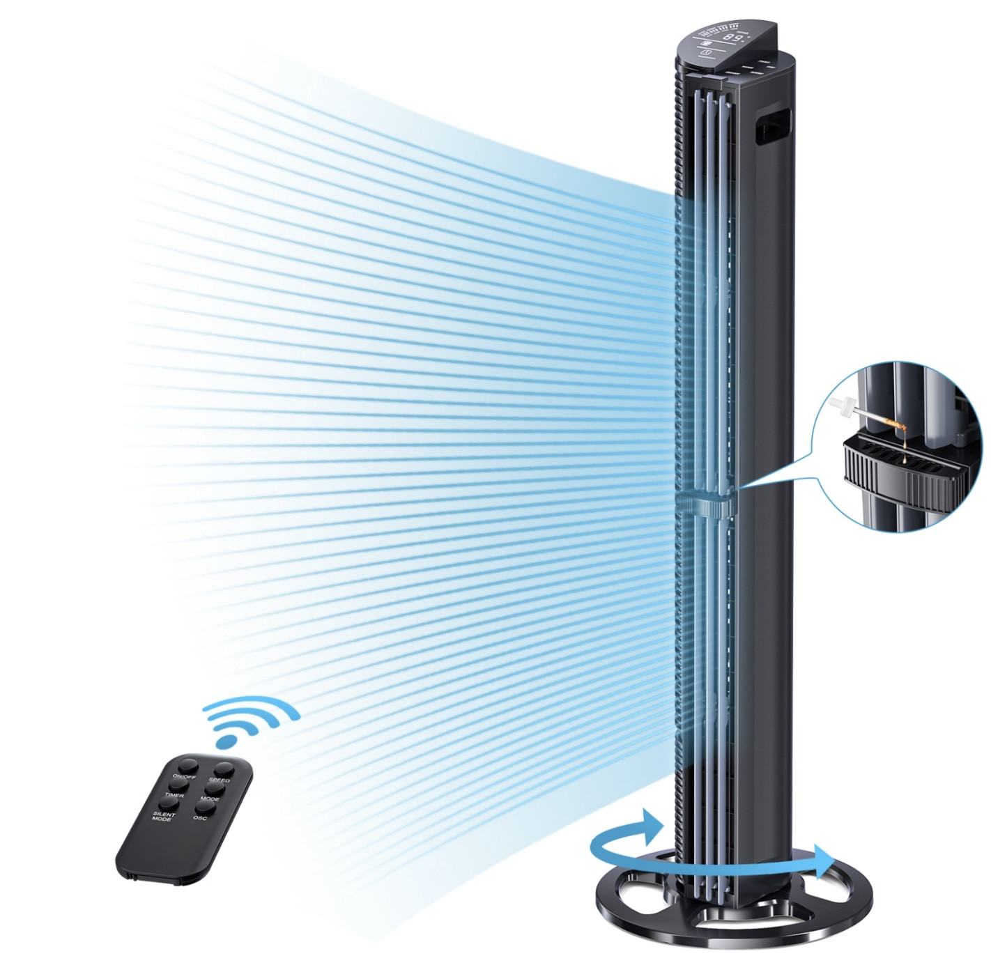 Ventilateur colonne 40 pouces noir - écran LED avec télécommande