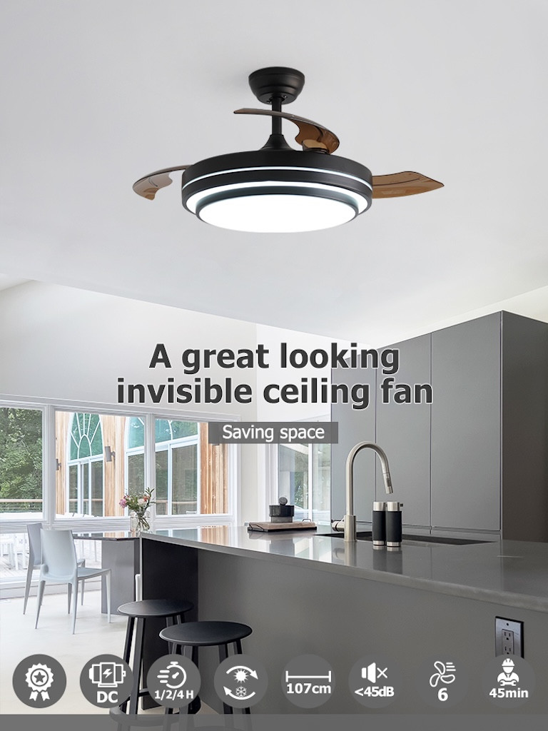 Ventilateur de plafond 107 cm noir mat - 3 pales avec LED tricolores et télécommande