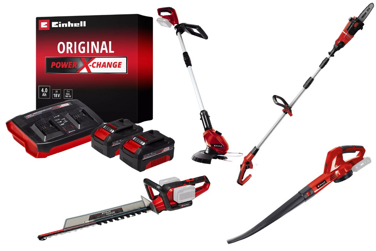 Kit jardin sans fil Einhell - Coupe-bordure - souffleur - taille-haies - ébrancheur + 2 batteries 4.0Ah