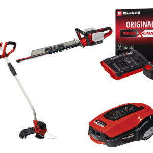 Kit premium jardin sans fil Einhell - Taille-haies 36V, coupe-bordure 36V, robot tondeuse + batteries 4.0Ah