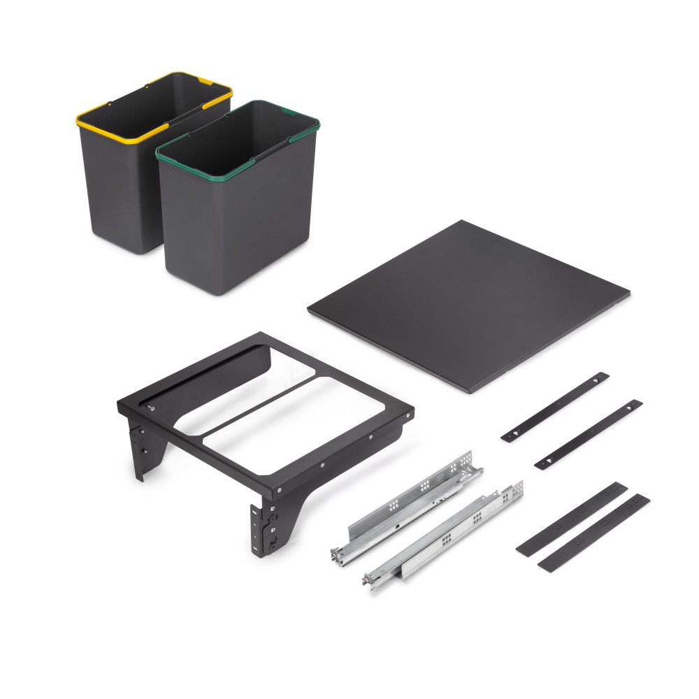 Bac de tri sélectif pour montage latéral sur meuble de cuisine Recycle 2x24litres - Acier - Plastique gris anthracite