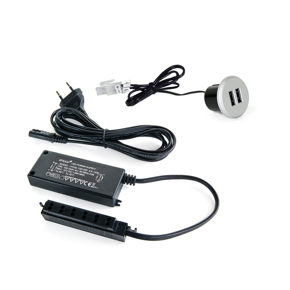 Connecteur rond Plugy avec 2 ports USB pour encastrer au meuble en couleur peinte aluminium