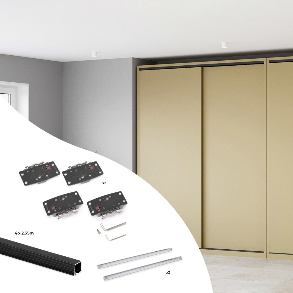 Kit de ferrures pour Flow2 2 portes coulissantes et à fermeture souple avec rails encastrés 2 - 35m - panneaux non inclus - Pe