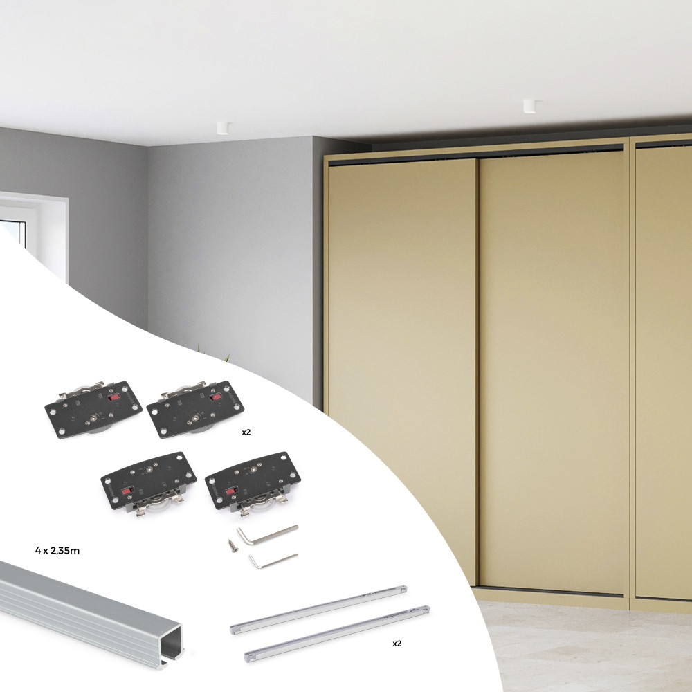 Kit de ferrures pour Flow2 2 portes coulissantes et armoire à fermeture souple avec rails encastrés 2 - 35m - panneaux non incl