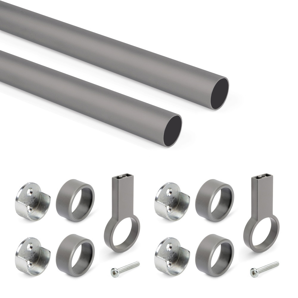 Lot de 2 rails ronds pour armoires D.28mm longueur 1.15m avec supports - Aluminium et Zamak - Titane