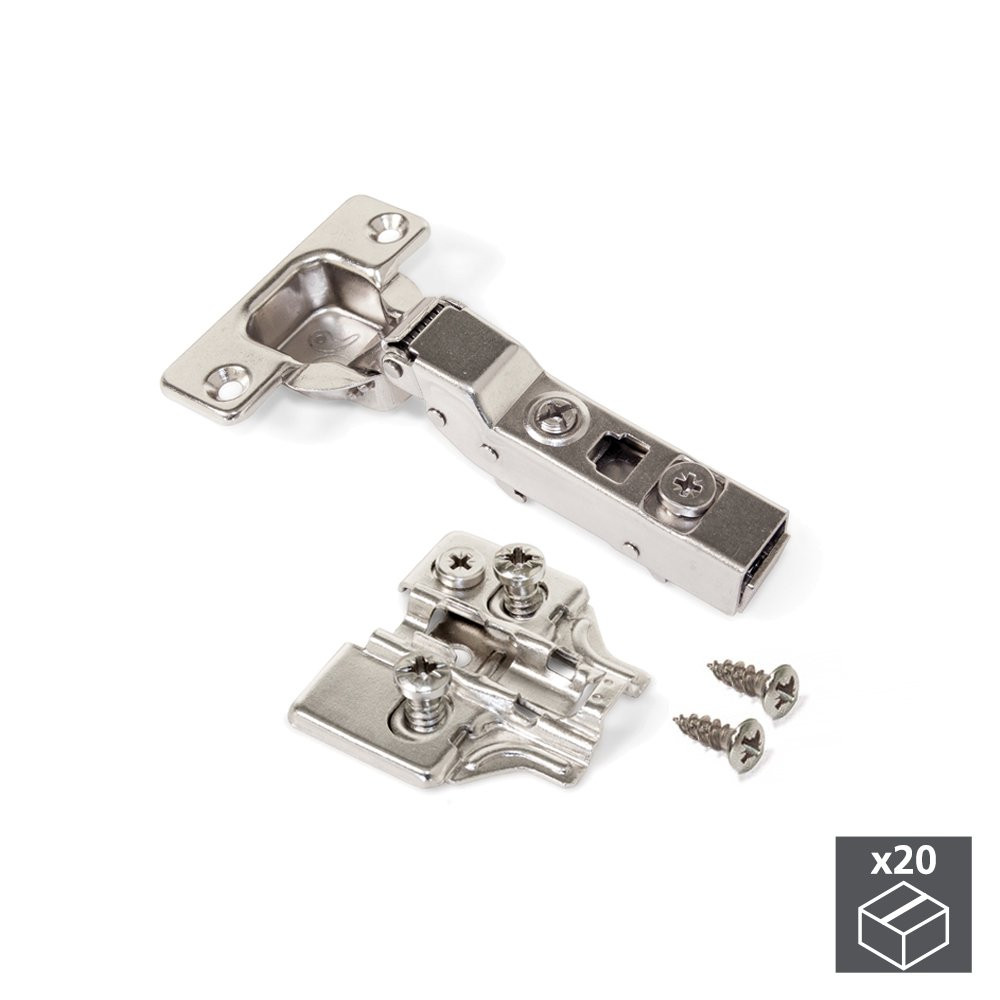 Lot de 20 charnières coudées pour montage en applique X91 avec fermeture amortie et embases Eurovis avec réglage excentrique