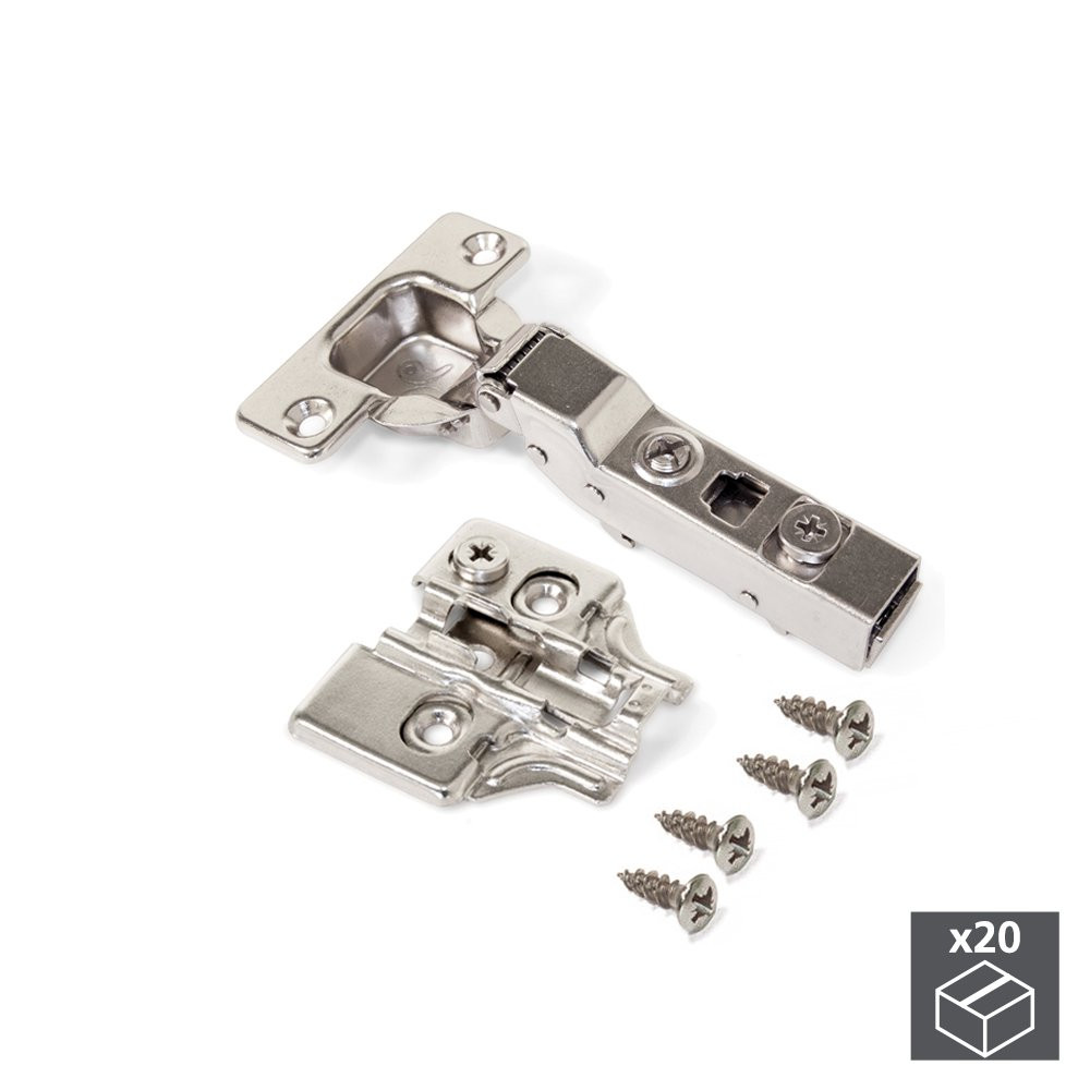 Lot de 20 charnières coudées pour montage en applique X91 avec fermeture amortieet embases avec réglage excentrique à visser