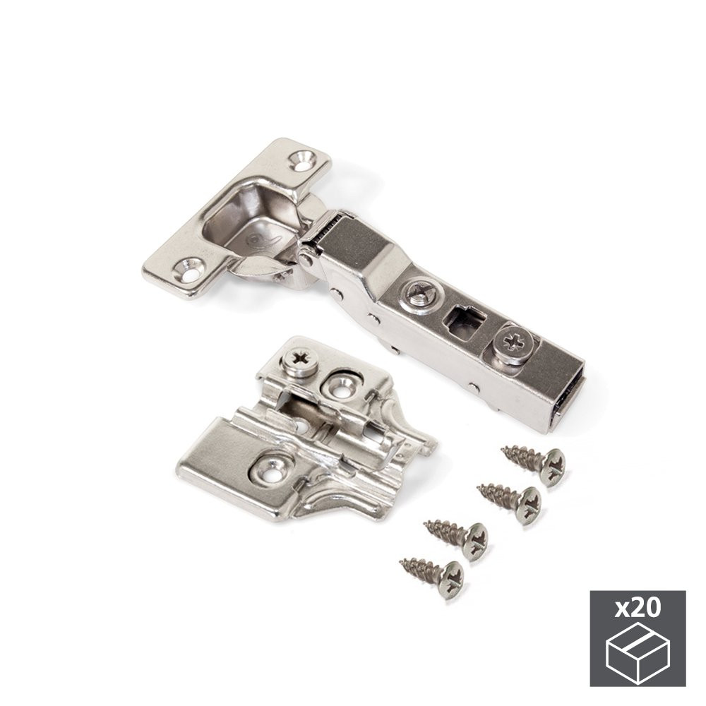 Lot de 20 charnières coudées pour montage en applique X91N avec ouverture 100º et embases avec réglage excentrique à visser