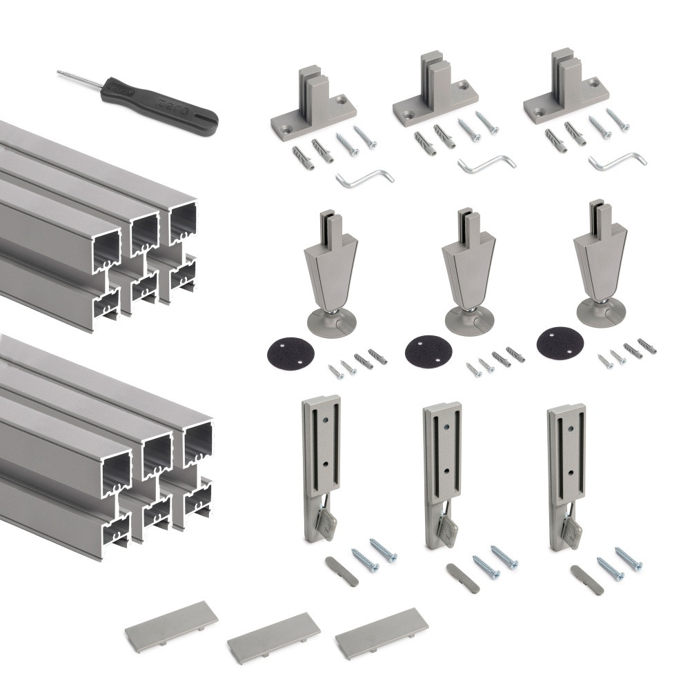 Lot de 3 cadres Zero avec quincaillerie et profilés pour montage au sol et au mur avec vérin circulaire - Aluminium et Zamak -